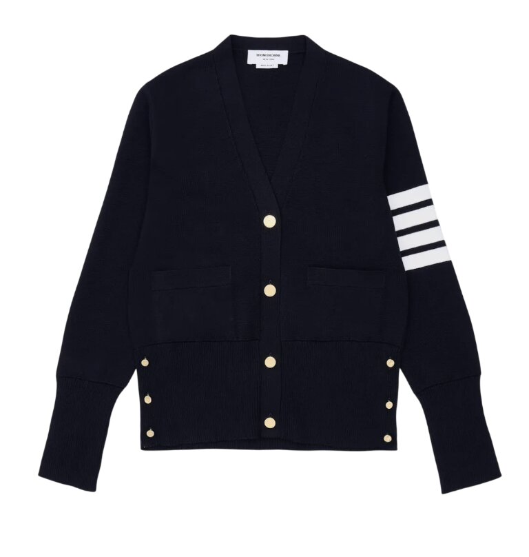 (W) Thom Browne Fine Merino Wool Milano Stitch 4-Bar Classic V-Neck Cardigan Navy