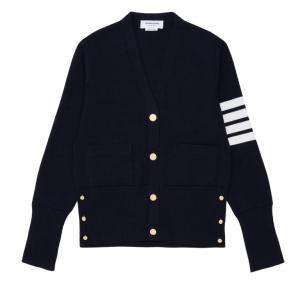 (W) Thom Browne Fine Merino Wool Milano Stitch 4-Bar Classic V-Neck Cardigan Navy
