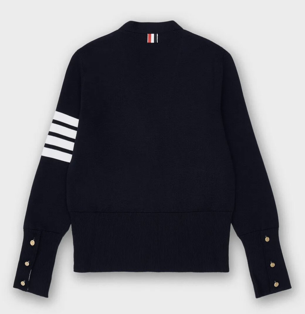 (W) Thom Browne Fine Merino Wool Milano Stitch 4-Bar Classic V-Neck Cardigan Navy