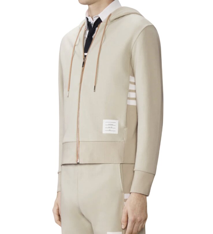 Thom Browne Loopback Jersey 4-Bar Zip Up Hoodie Beige