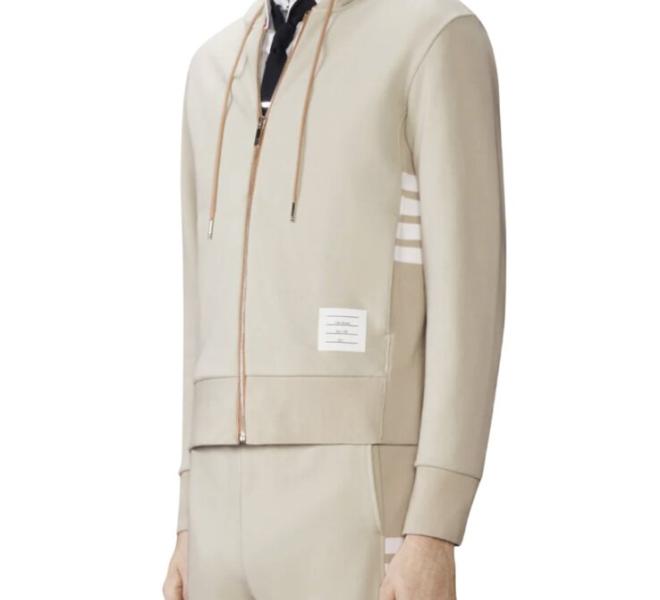 Thom Browne Loopback Jersey 4-Bar Zip Up Hoodie Beige