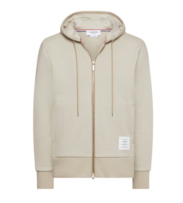 Thom Browne Loopback Jersey 4-Bar Zip Up Hoodie Beige