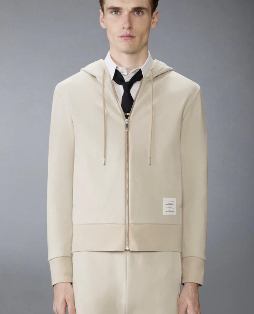 Thom Browne Loopback Jersey 4-Bar Zip Up Hoodie Beige