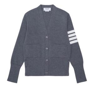 (W) Thom Browne Fine Merino Wool Milano Stitch 4-Bar Classic V-Neck Cardigan Medium Grey
