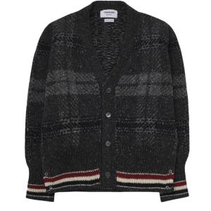 Thom Browne Donegal Tartan Stripe V-Neck Cardigan Grey