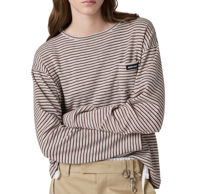 Cotton, cashmere and silk crew-neck knit sweater - White/Cocoa Brown