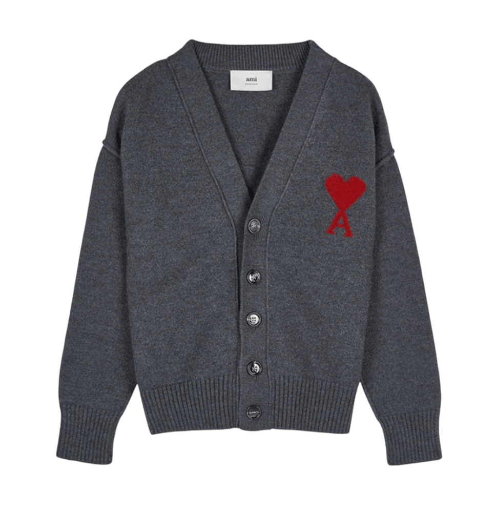 AMI de Coeur Felted Merino Wool Cardigan Heather Grey Red