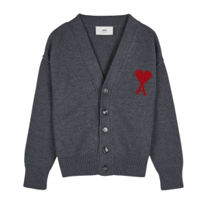AMI de Coeur Felted Merino Wool Cardigan Heather Grey Red