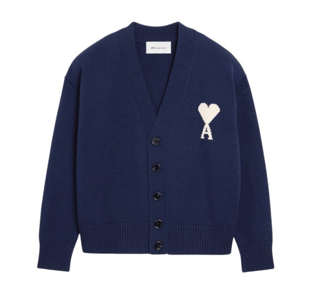 AMI Blue Wool Ami De Coeur Cardigan Ink Off White