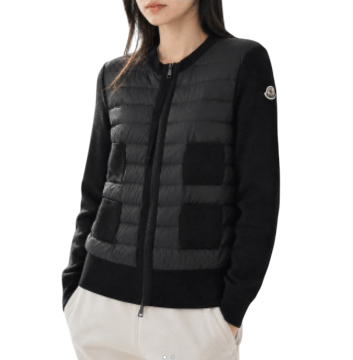 Black Padded Wool Zip-Up Cardigan 