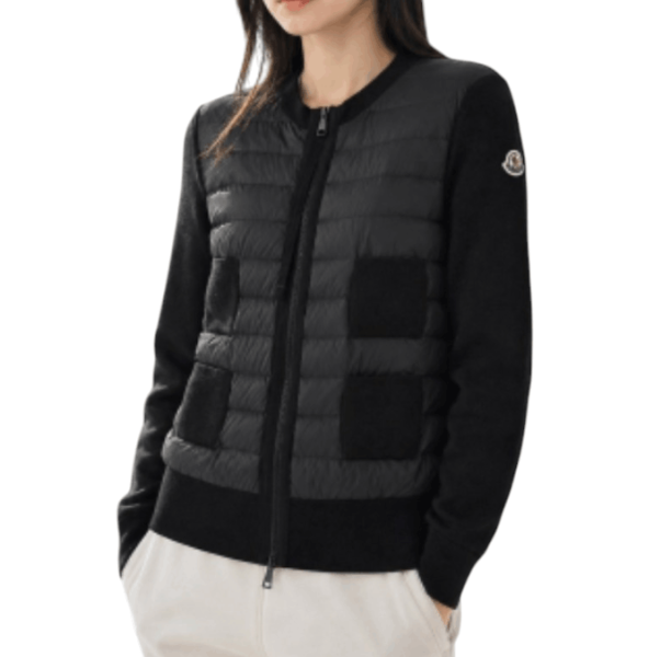 Black Padded Wool Zip-Up Cardigan 