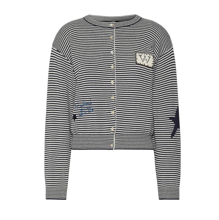 Inlay-Detail Cotton Yarn Cardigan in Navy Blue 