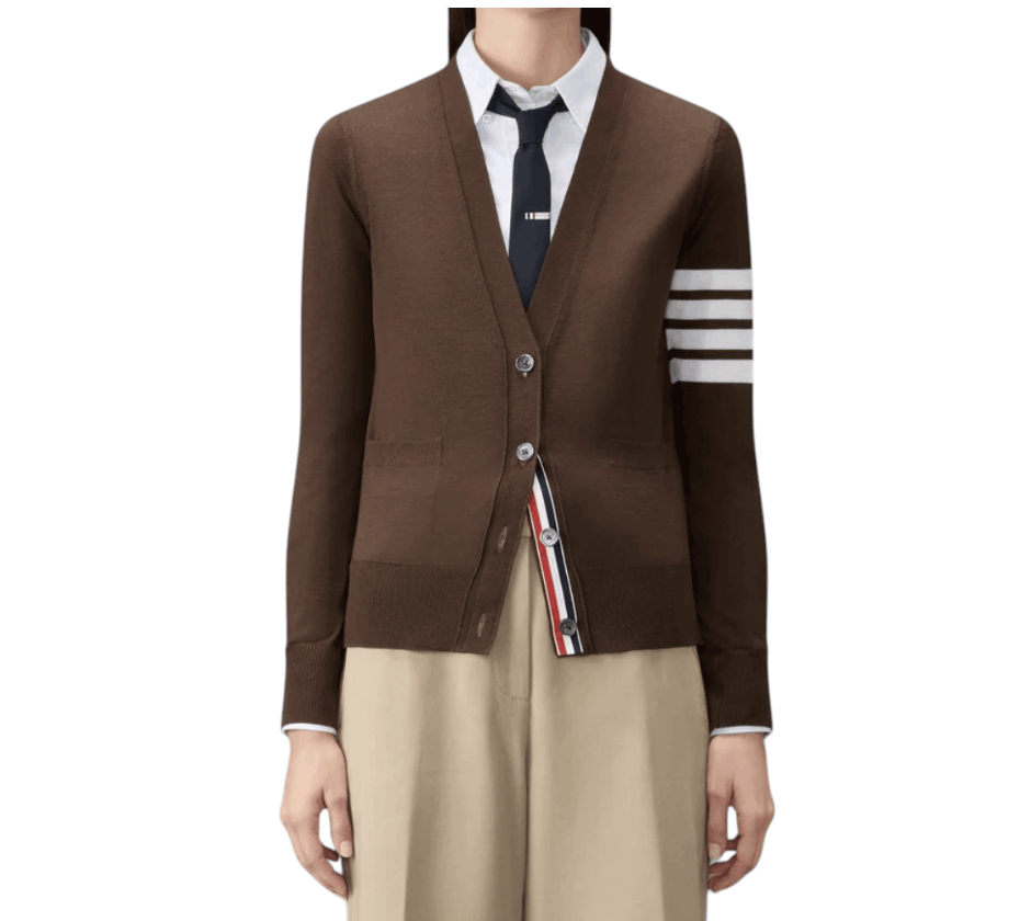 MERINO WOOL 4-BAR RELAXED FIT V-NECK CARDIGAN - brown