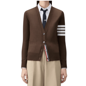 MERINO WOOL 4-BAR RELAXED FIT V-NECK CARDIGAN - brown