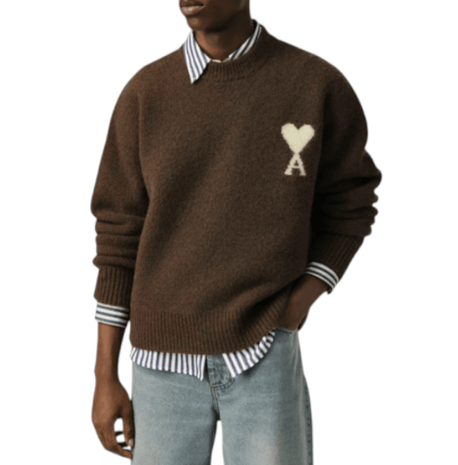 Brown crewneck alpaca sweater with Ami de Coeur