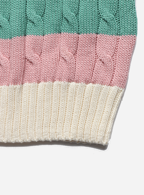 STRIPED CABLE KNIT SHORT SLEEVE SWEATER