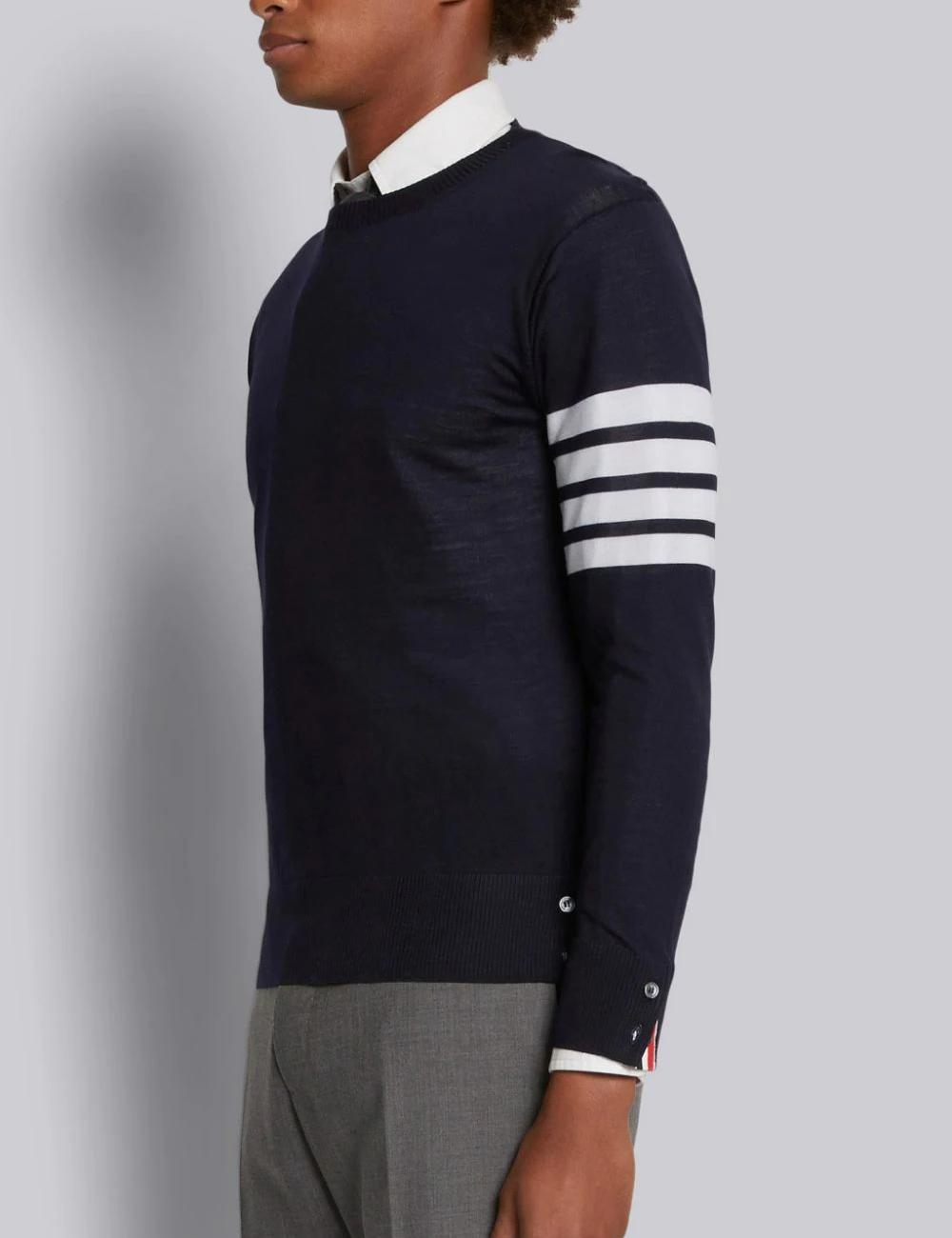 NAVY FINE MERINO WOOL 4-BAR CREW NECK PULLOVER NAVY