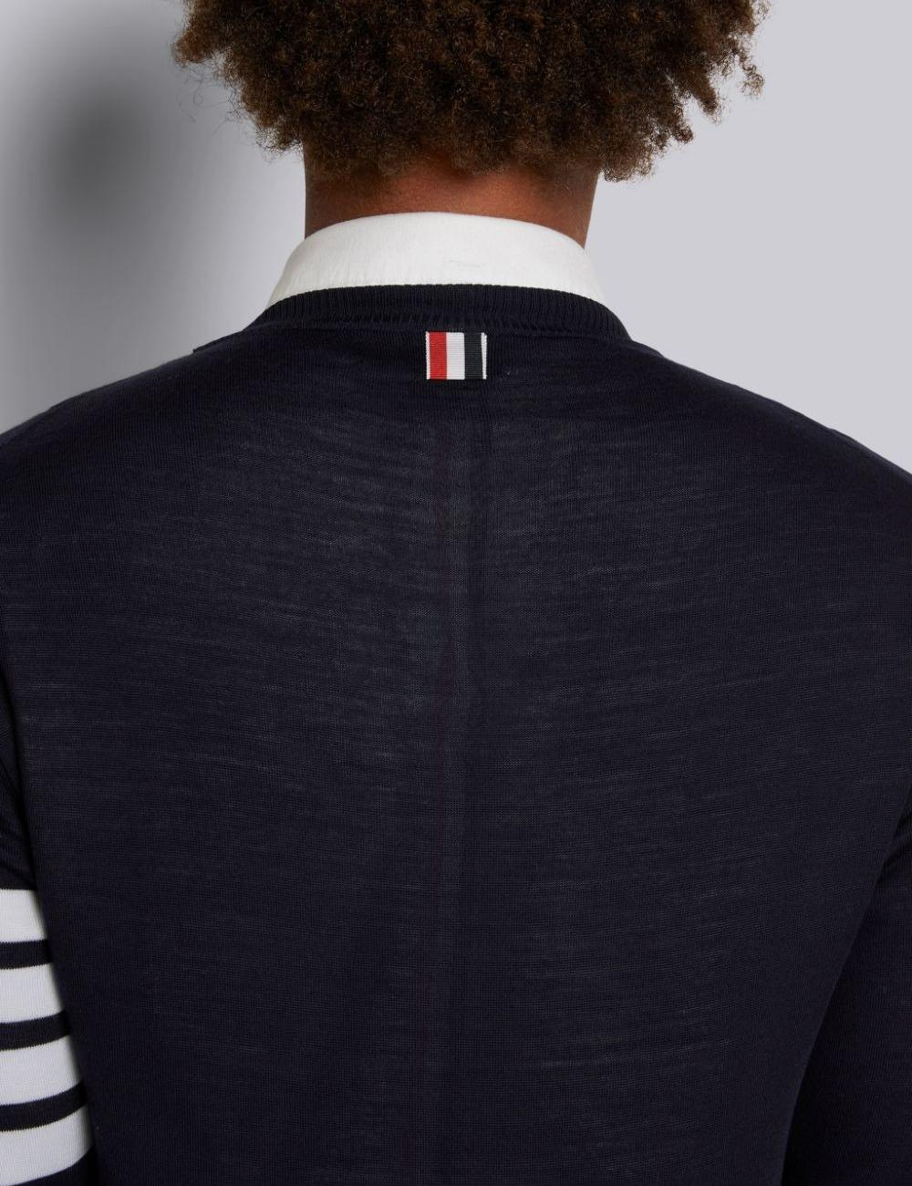 NAVY FINE MERINO WOOL 4-BAR CREW NECK PULLOVER NAVY