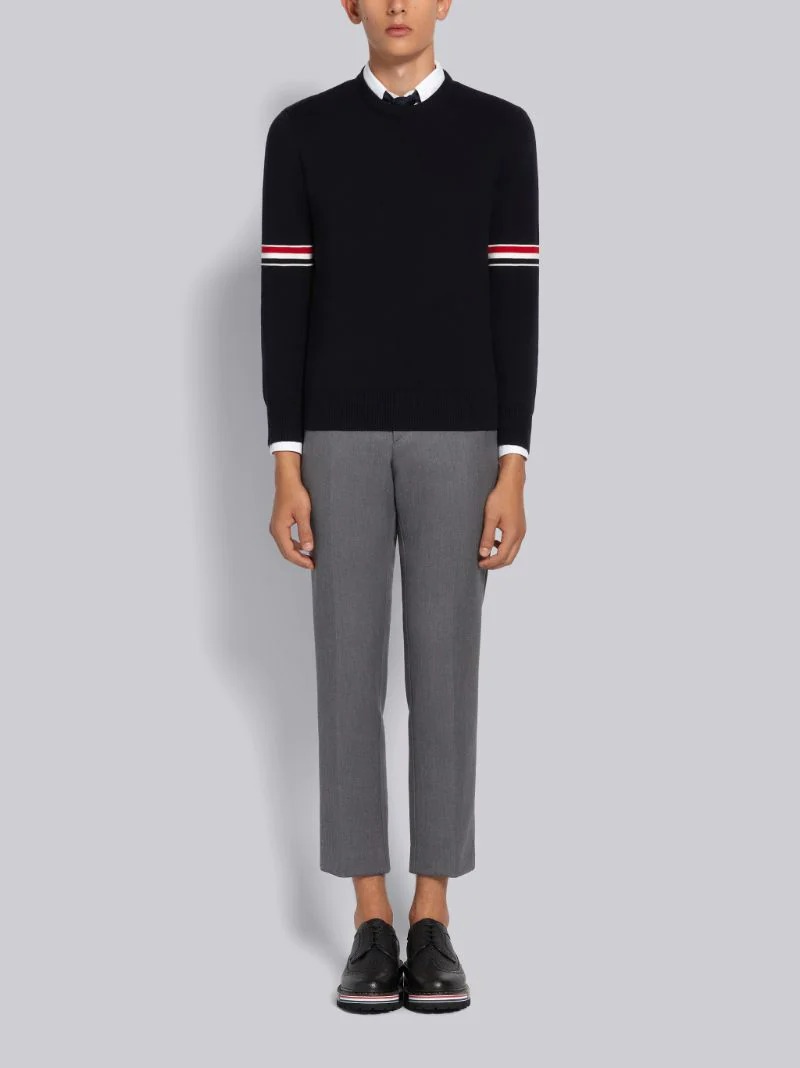 NAVY COTTON MILANO STITCH STRIPE ARMBAND CREWNECK PULLOVER