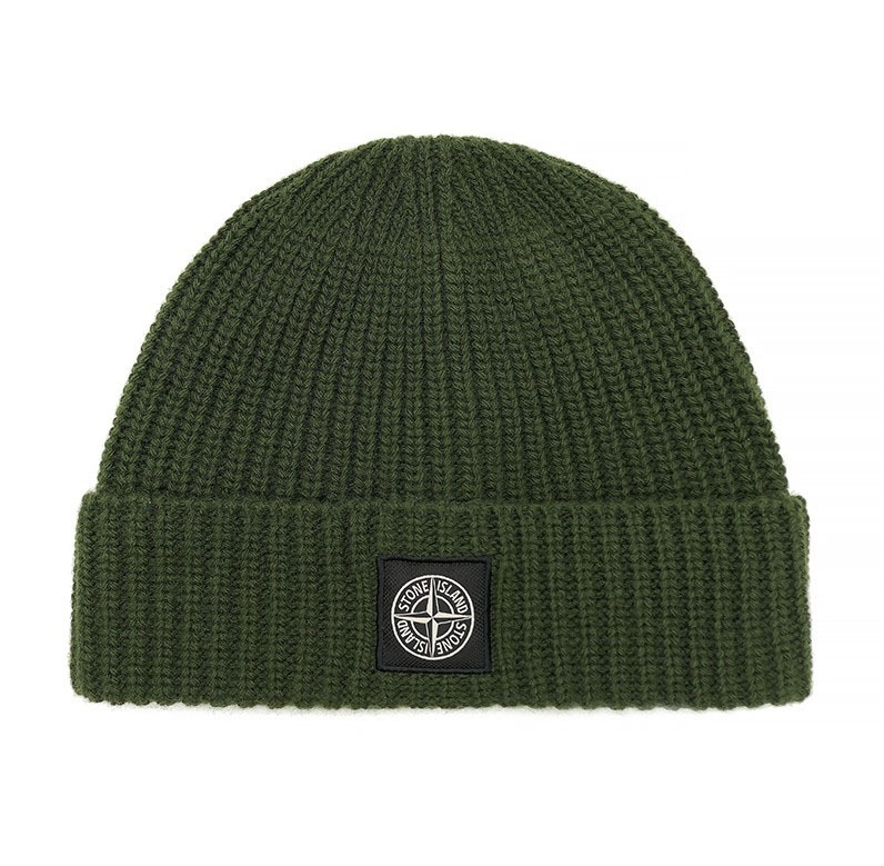 Logo patch ribbed wool beanie (Olive)
