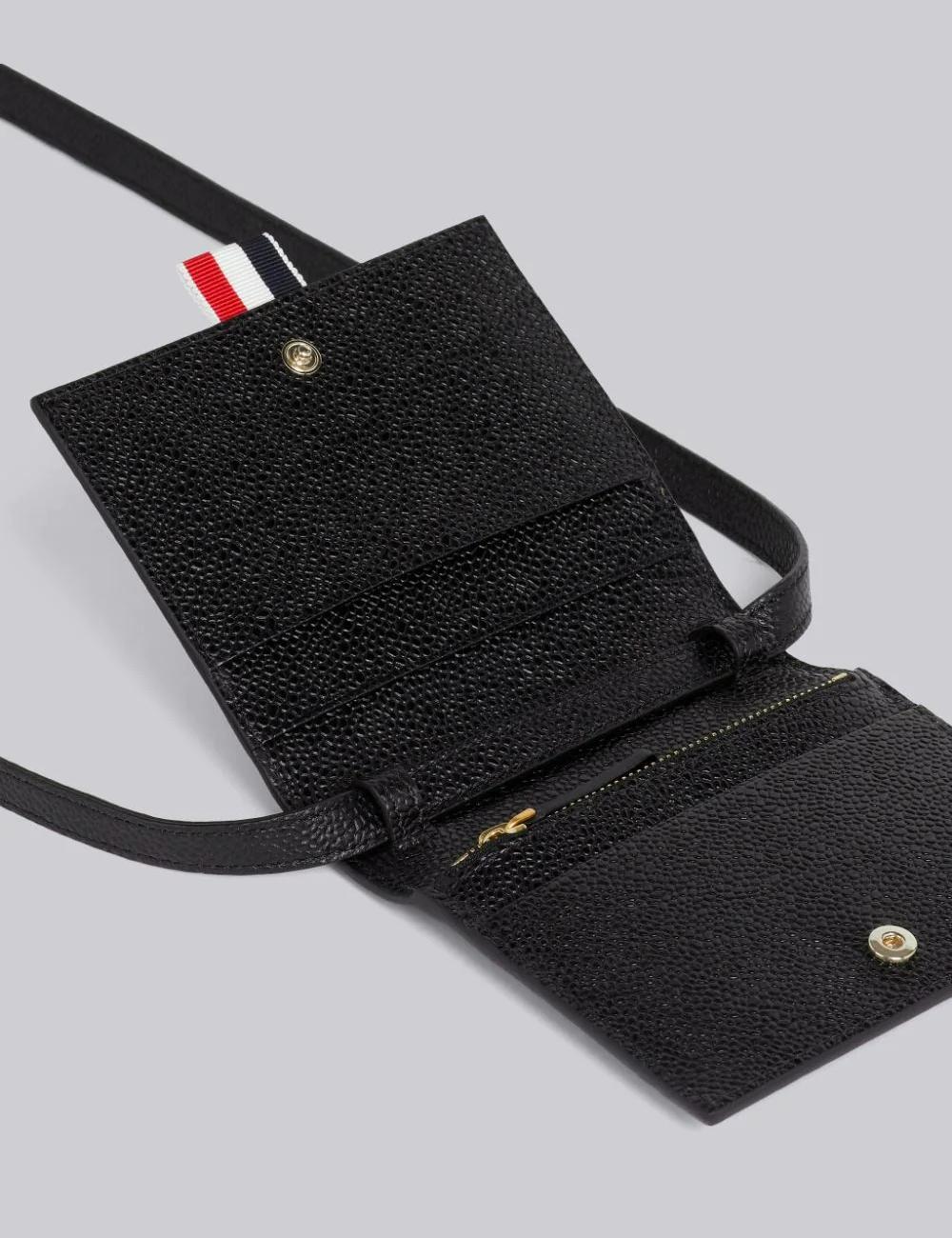 BLACK PEBBLED CALFSKIN CROSSBODY CARD HOLDER