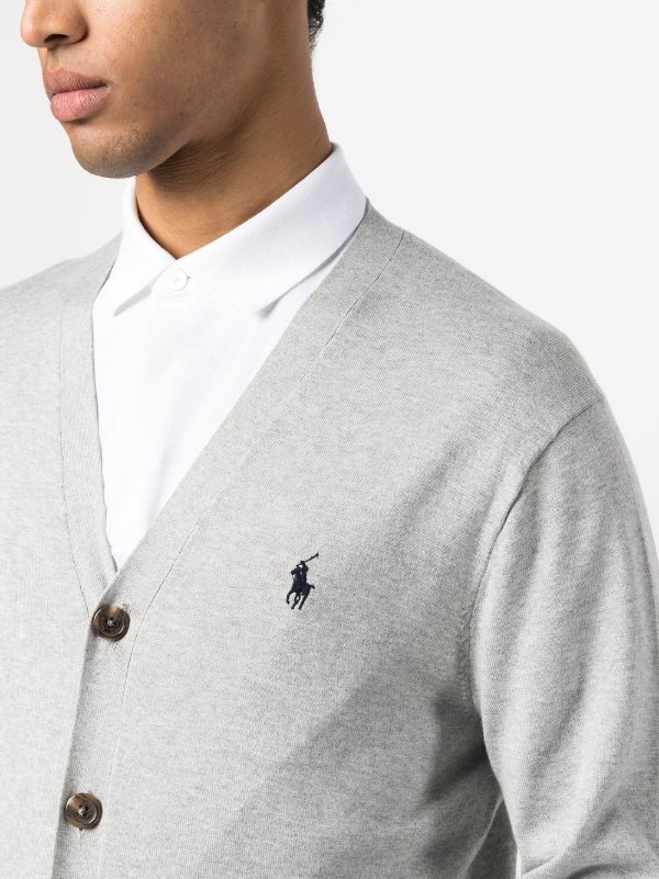 Pony Logo Embroidered Cardigan - Gray