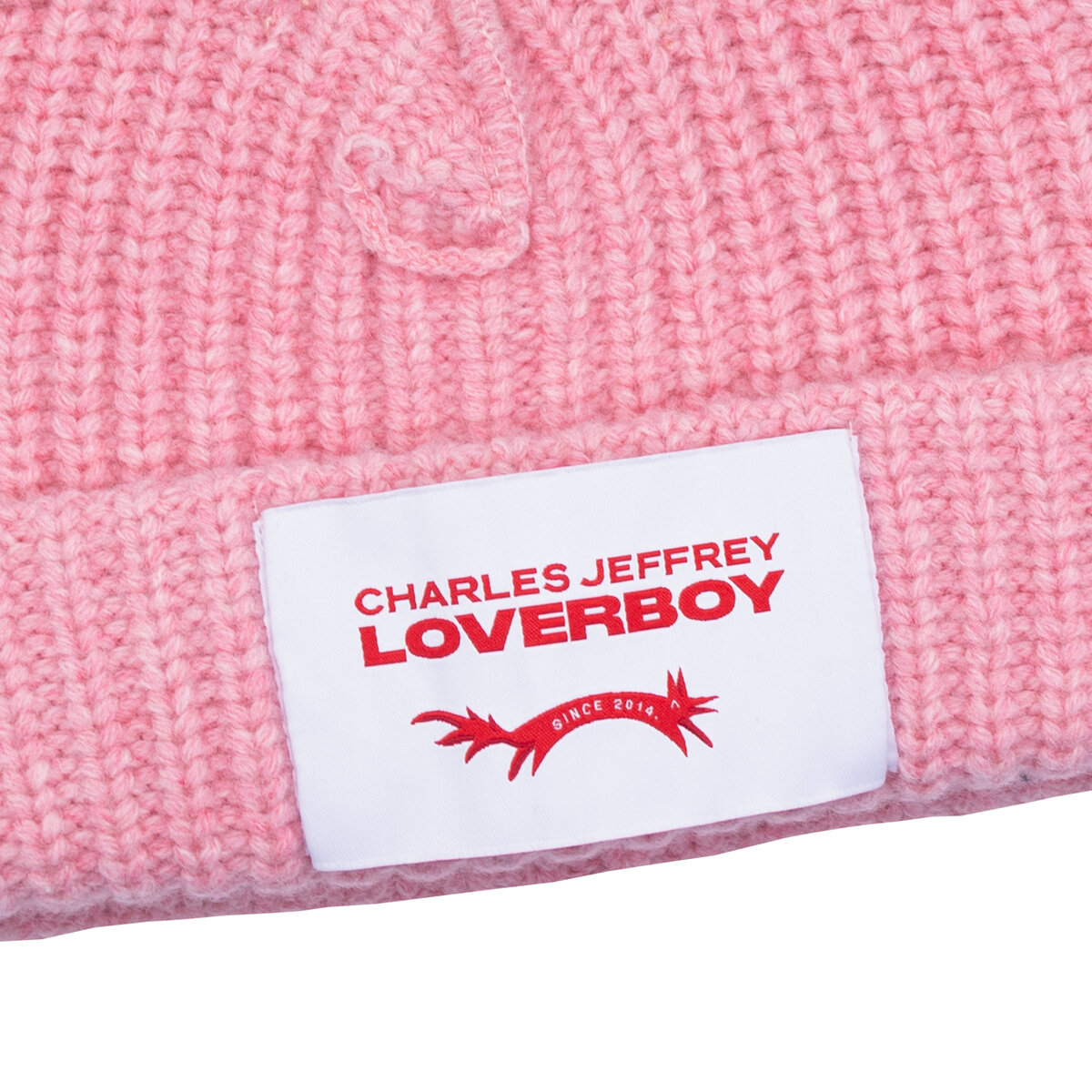 Logo Patch Chunky Ear Rams Wool Beanie Pink