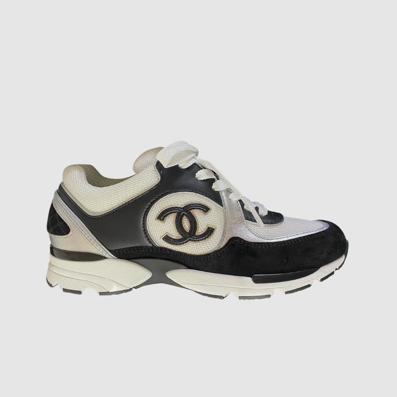 Chanel Sneakers Calfskin Fabric & Black White Silver
