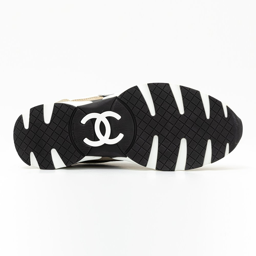 Chanel Sneakers Calfskin Fabric & White Black Beige Gold