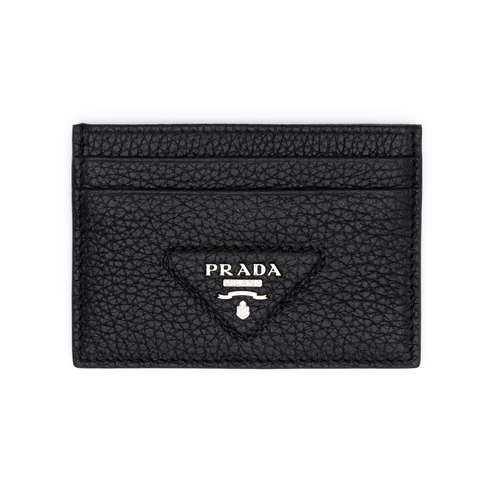 Prada Triangle Logo Stitch Black Card Wallet 