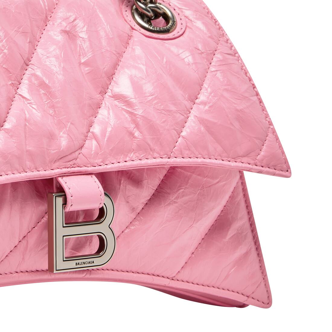 Small Chain Bag in Pink Crushed Calfskin and Aged Silver Hardware Quilted Crush