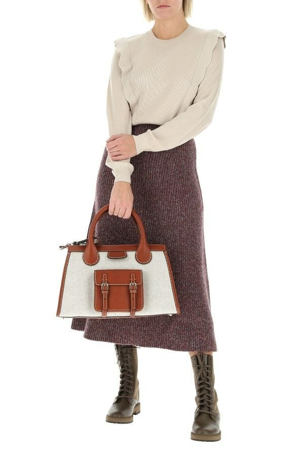 Two-tone leather and fabric medium Edith handbag