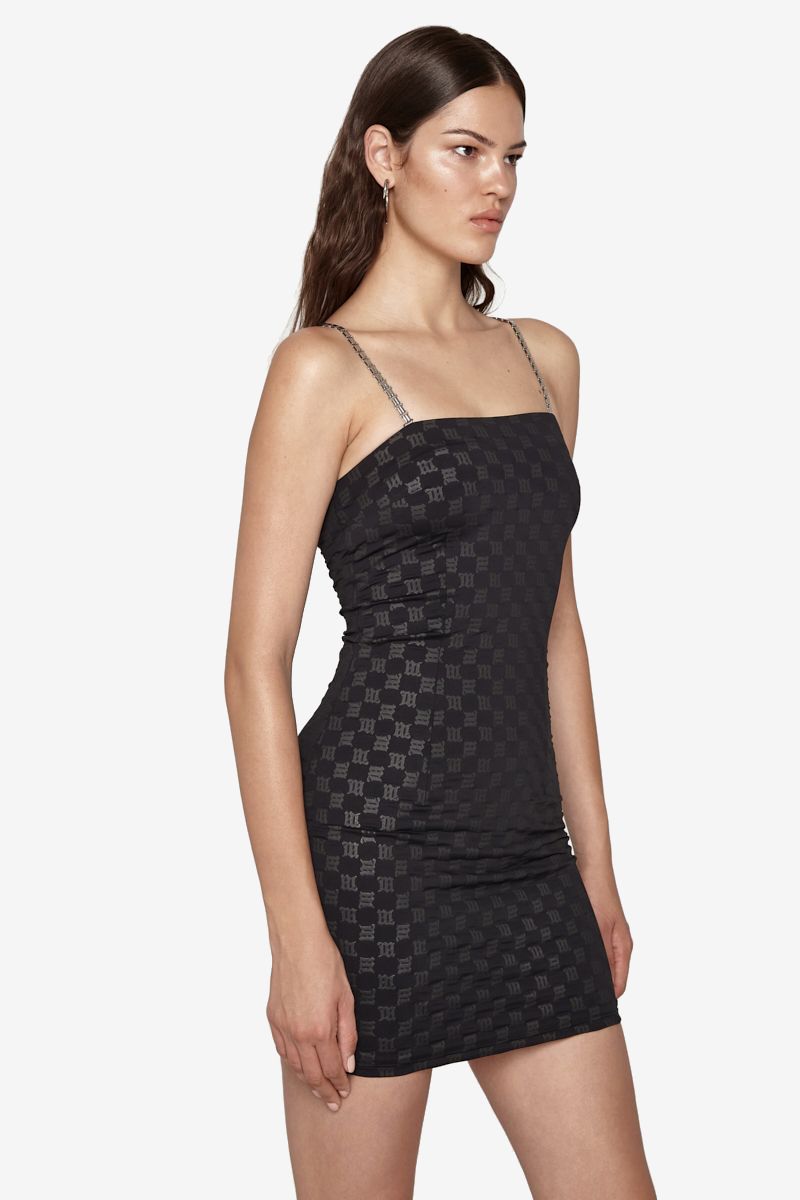 Monogram Spaghetti Mini Dress In Black