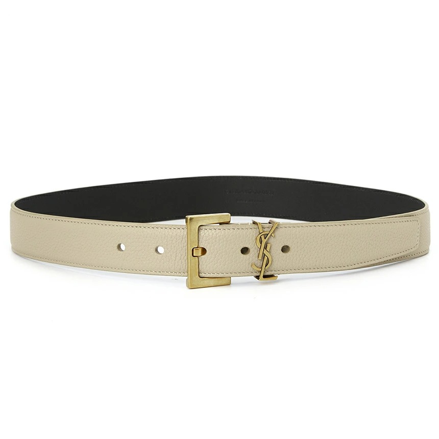 Saint Laurent Cassandre Grained Leather Square Buckle Belt Sea Salt