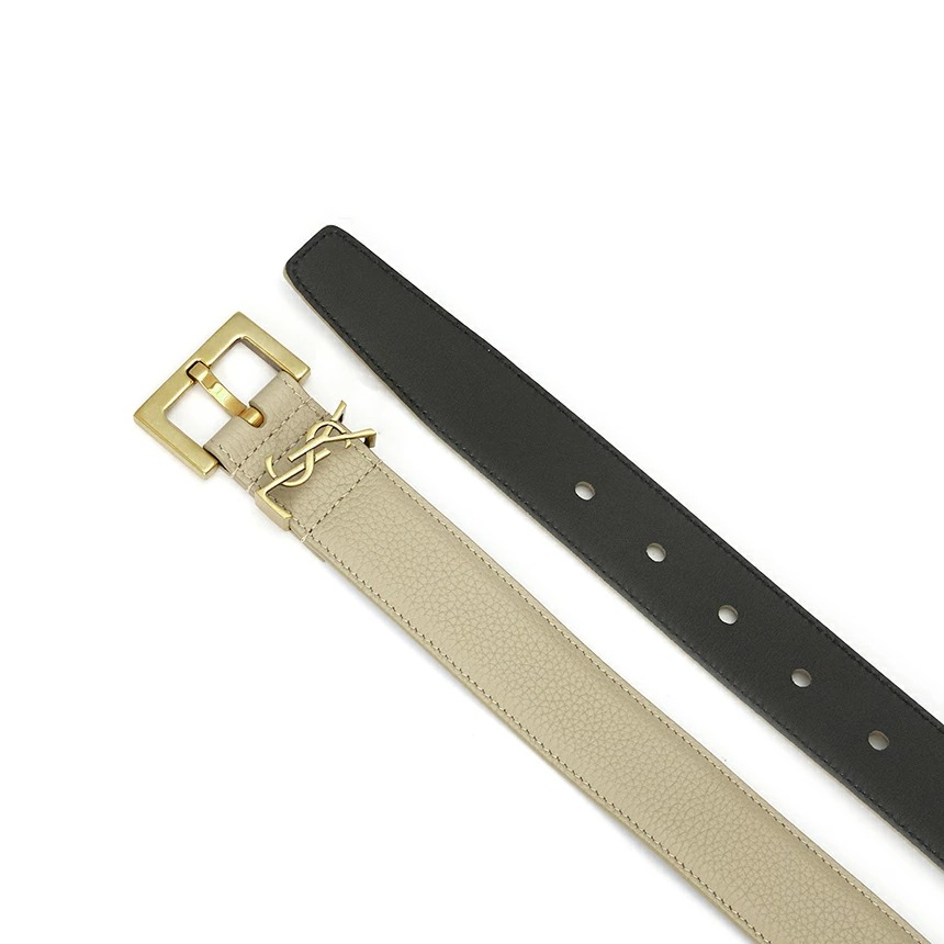 Saint Laurent Cassandre Grained Leather Square Buckle Belt Sea Salt