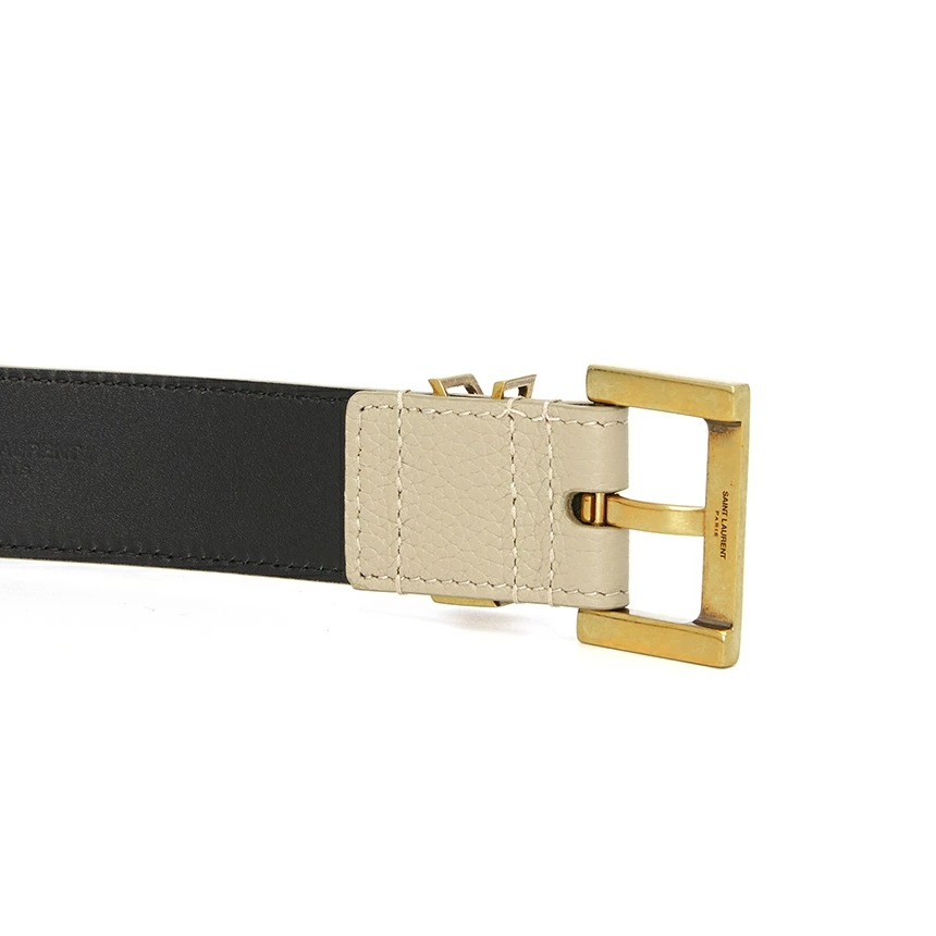 Saint Laurent Cassandre Grained Leather Square Buckle Belt Sea Salt