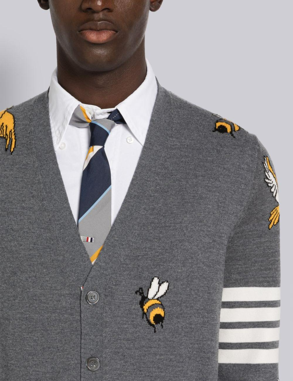 COTTON MERINO BIRDS AND BEES 4-BAR V-NECK CARDIGAN