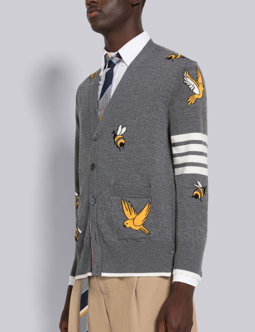 COTTON MERINO BIRDS AND BEES 4-BAR V-NECK CARDIGAN