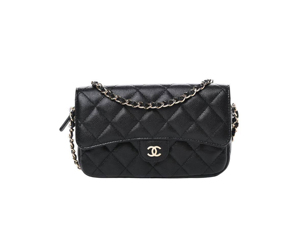 Chanel Flap Phone Holder with Classic Chain Grained Calfskin & Gold Black