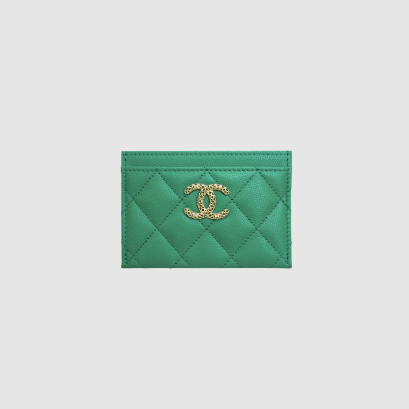 Chanel Card Holder Grained Shiny Calfskin & Gold Green