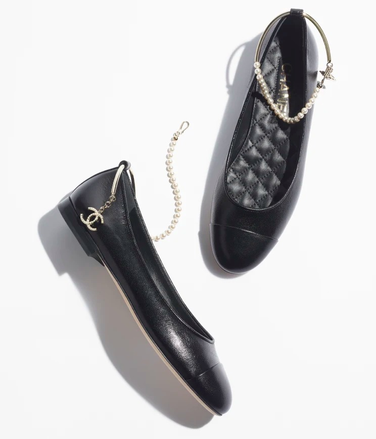Chanel Ballerina Flat Shiny Lambskin Metal Imitation Pearls & Black