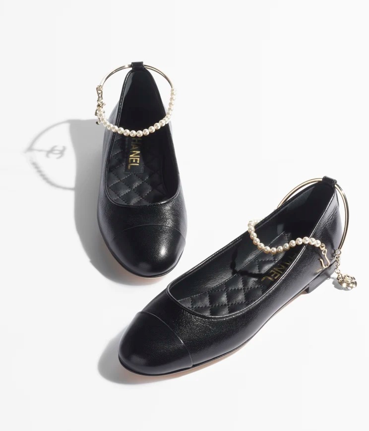 Chanel Ballerina Flat Shiny Lambskin Metal Imitation Pearls & Black
