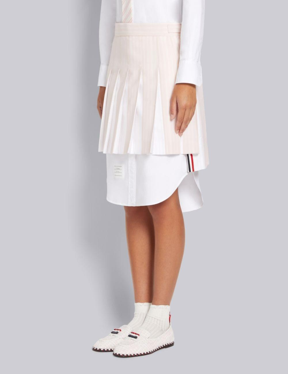 LIGHT PINK HAIRLINE STRIPE TWIST YARN SUITING OXFORD PLEAT DROPPED BACK PLEATED MINI SKIRT