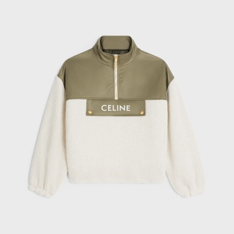 CELINE HALF-ZIP PULLOVER IN CASHMERE SHEARLING GREGE/KHAKI