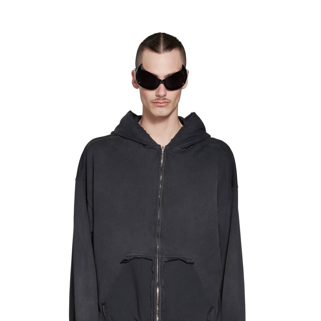 TAPE TYPE RIPPED POCKET LARGE FIT ZIP-UP HOODIE IN FADE BLACK