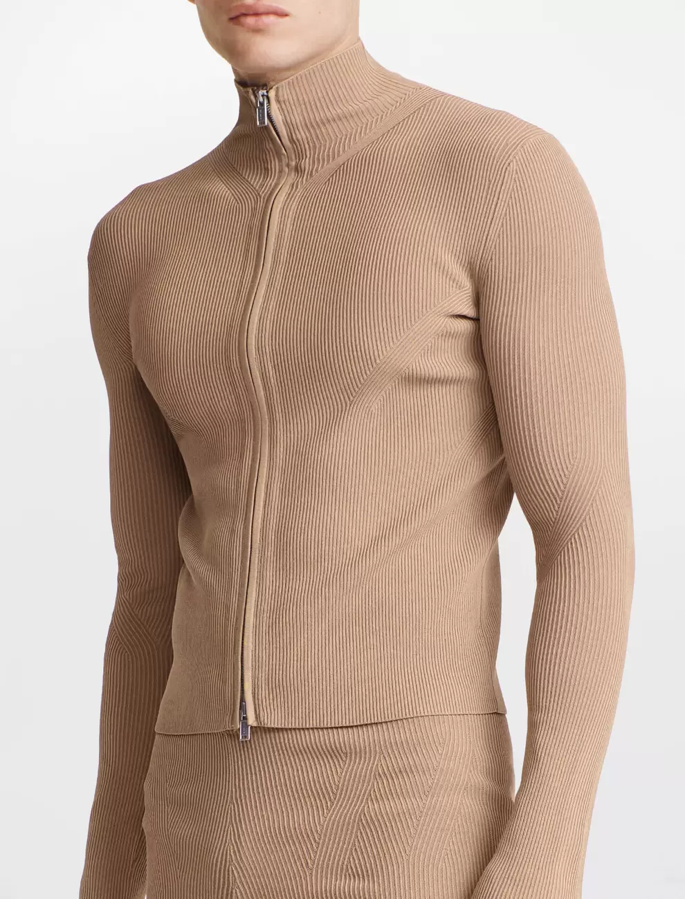 ANGLED RIB ZIP-UP - SAFARI CAMEL