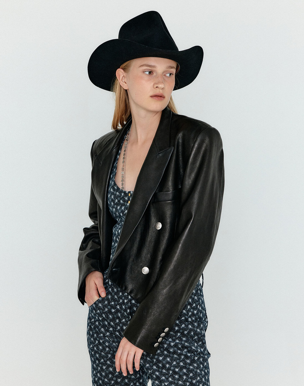 WEM Double-Breasted Short Leather Blazer - Black