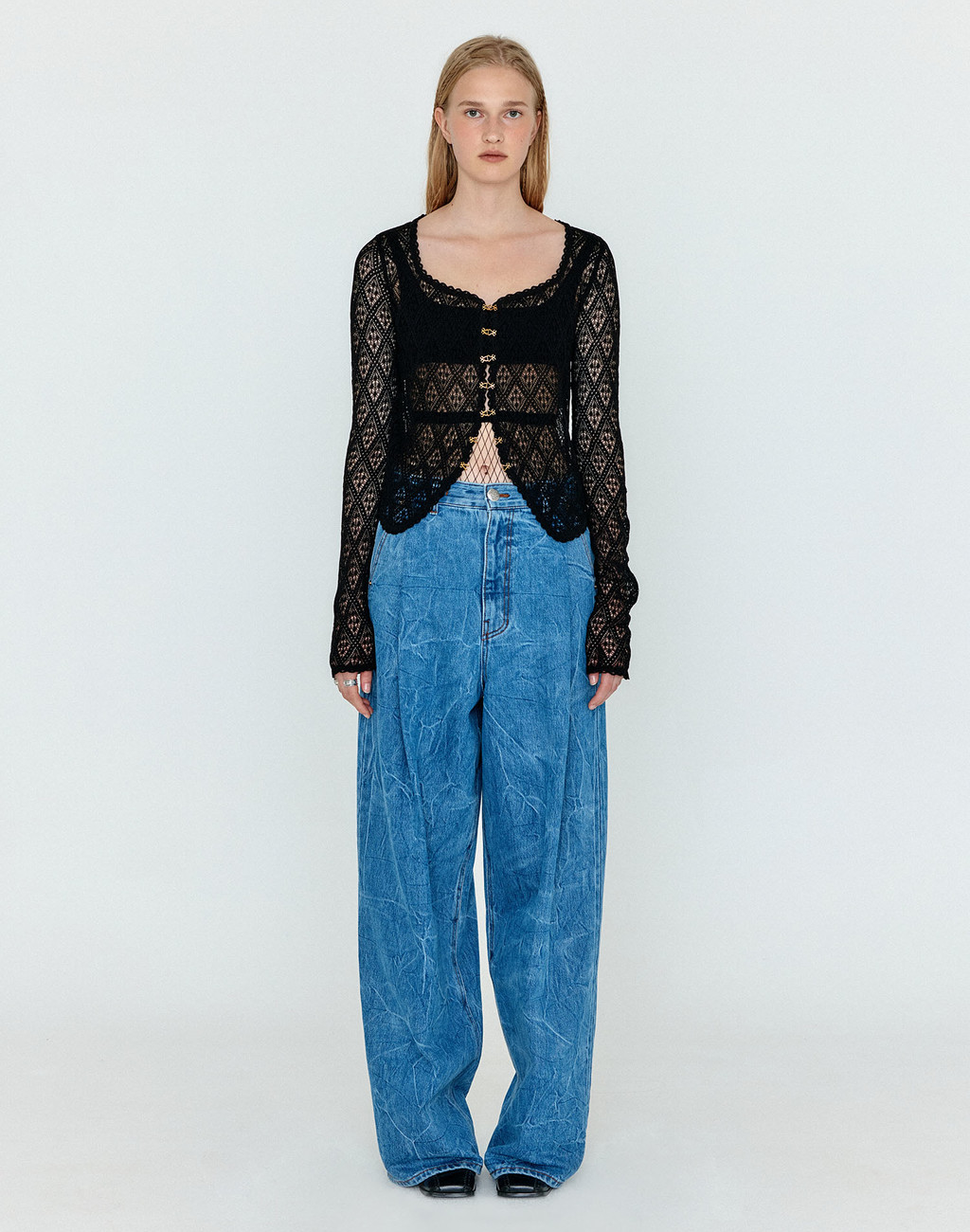 WJEAN Folded Front Wide Denim Pants - Denim Blue 