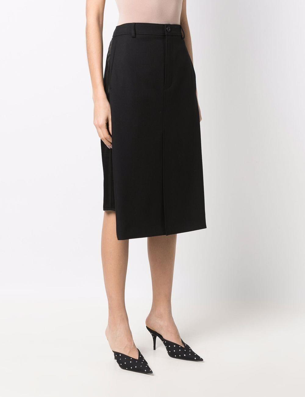 Virgin wool midi skirt with slanted pocket and viscose satin panel