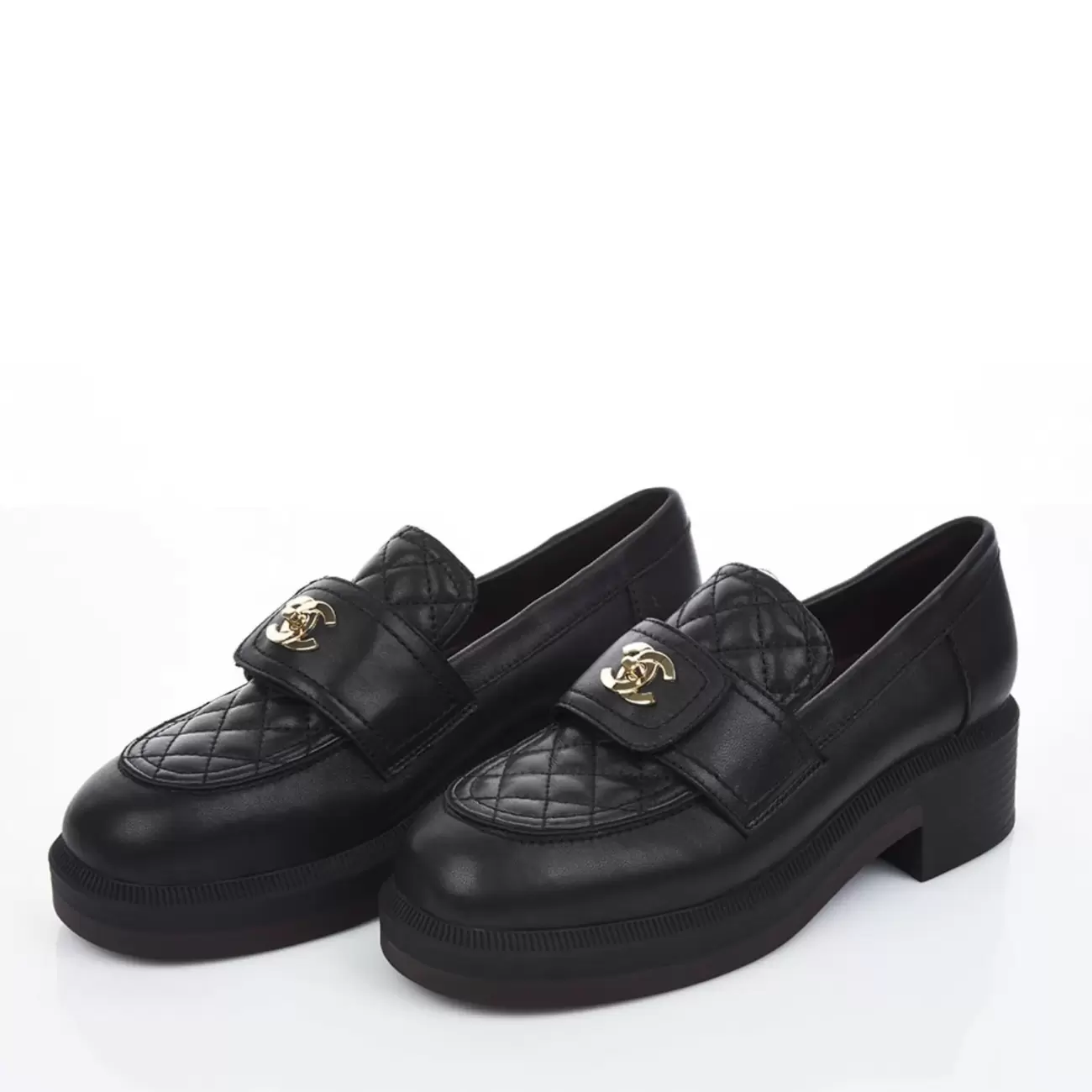 Chanel Lambskin Quilted CC Turnlock Loafers Black 